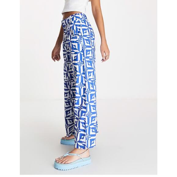 Free People Pants - Free People Menorca Blue & White Multi Print High Rise Wide Leg 100% Cotton